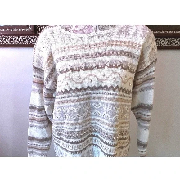 Vintage cottagecore LONG knit Women's Sweater 14 16 Beige Embellished grandmacor - Picture 2 of 14